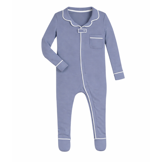 ZIPPER FOOTIE W/ COLLAR - SLATE BLUE
